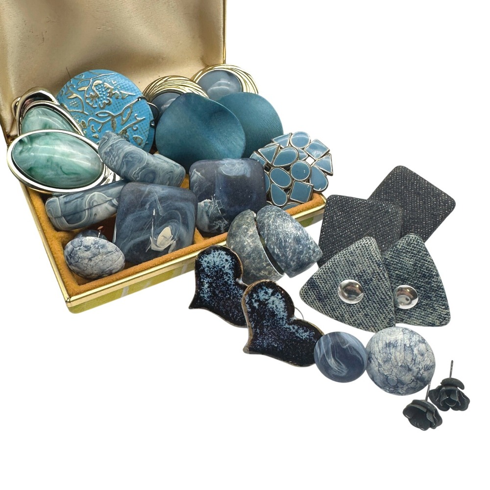 Vintage Blue‎ Stonewashed Denim Marbled Earring Lot 14 Pr Retro 80s Jewelry